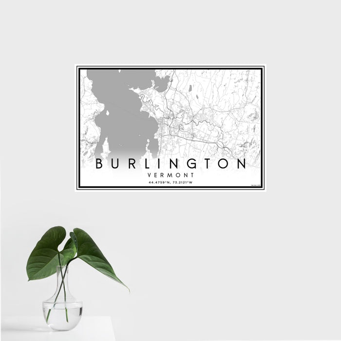 16x24 Burlington Vermont Map Print Landscape Orientation in Classic Style With Tropical Plant Leaves in Water