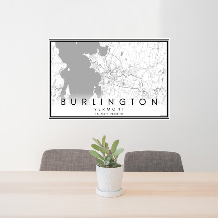 24x36 Burlington Vermont Map Print Landscape Orientation in Classic Style Behind 2 Chairs Table and Potted Plant