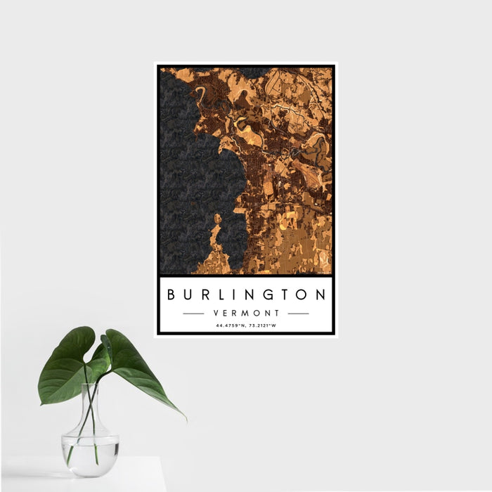 16x24 Burlington Vermont Map Print Portrait Orientation in Ember Style With Tropical Plant Leaves in Water
