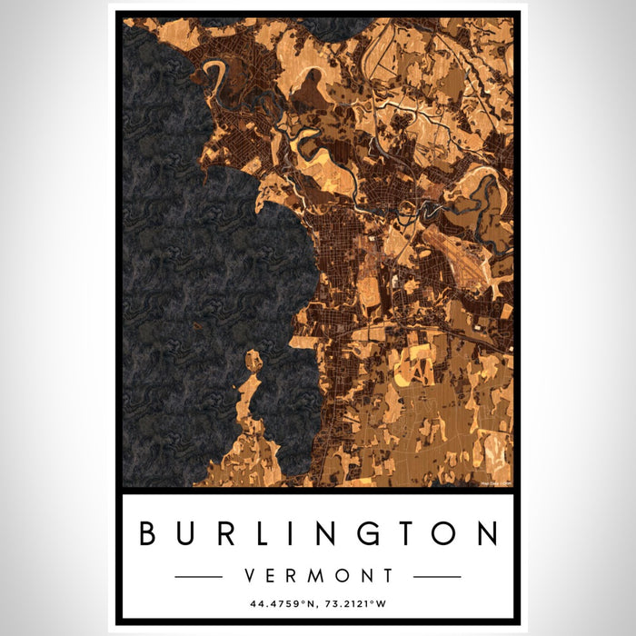 Burlington Vermont Map Print Portrait Orientation in Ember Style With Shaded Background