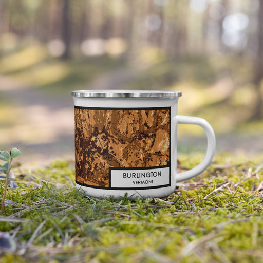 Right View Custom Burlington Vermont Map Enamel Mug in Ember on Grass With Trees in Background