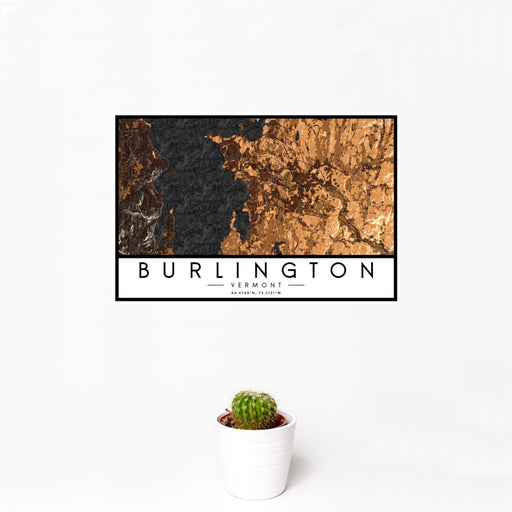 12x18 Burlington Vermont Map Print Landscape Orientation in Ember Style With Small Cactus Plant in White Planter