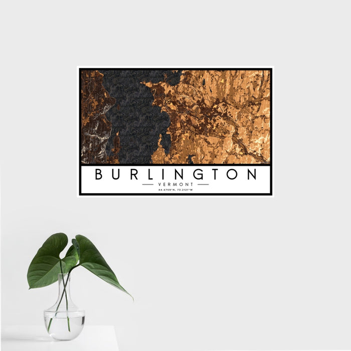16x24 Burlington Vermont Map Print Landscape Orientation in Ember Style With Tropical Plant Leaves in Water