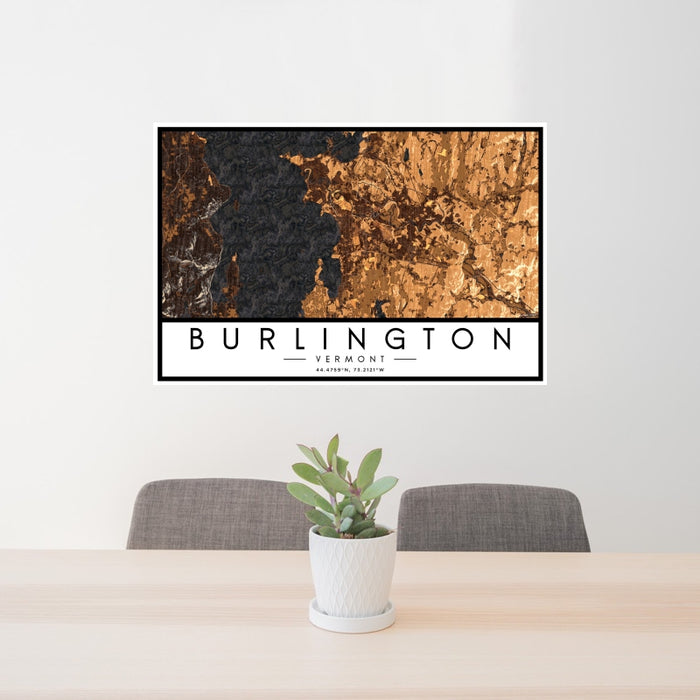 24x36 Burlington Vermont Map Print Landscape Orientation in Ember Style Behind 2 Chairs Table and Potted Plant