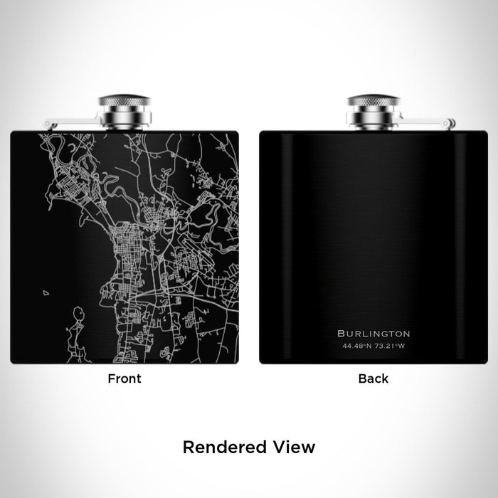 Rendered View of Burlington Vermont Map Engraving on 6oz Stainless Steel Flask in Black