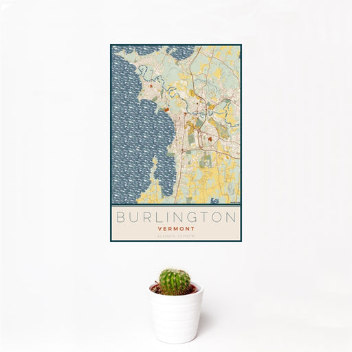 12x18 Burlington Vermont Map Print Portrait Orientation in Woodblock Style With Small Cactus Plant in White Planter