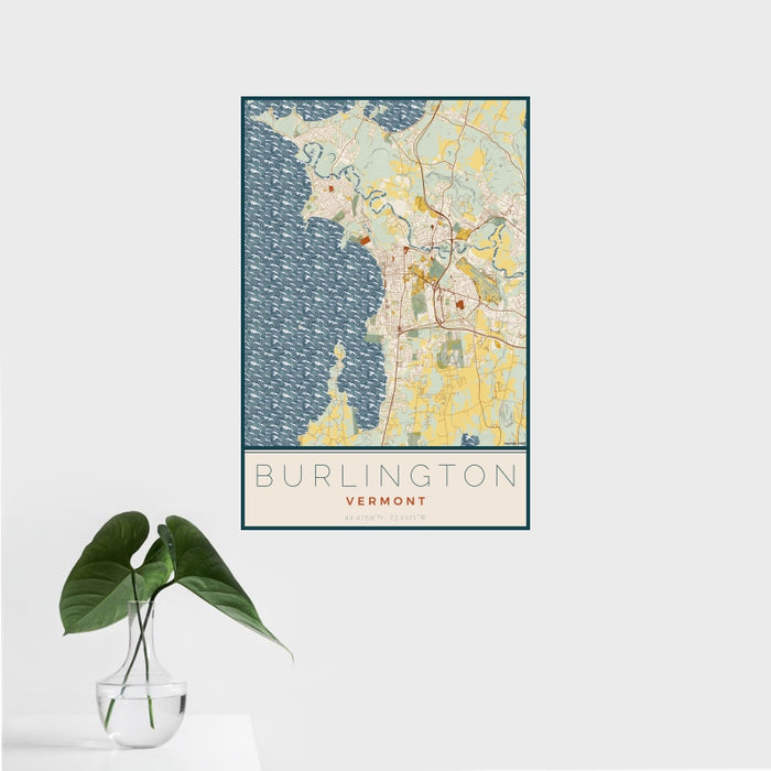 16x24 Burlington Vermont Map Print Portrait Orientation in Woodblock Style With Tropical Plant Leaves in Water
