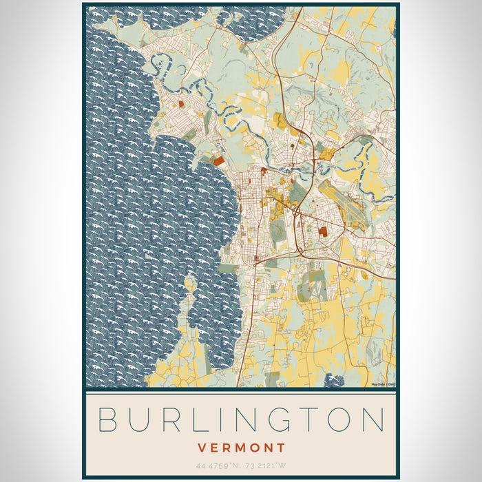 Burlington Vermont Map Print Portrait Orientation in Woodblock Style With Shaded Background