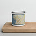 Front View Custom Burlington Vermont Map Enamel Mug in Woodblock on Cutting Board