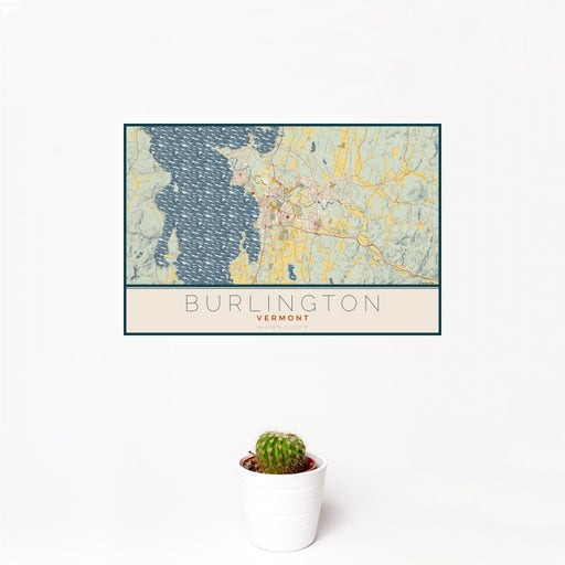 12x18 Burlington Vermont Map Print Landscape Orientation in Woodblock Style With Small Cactus Plant in White Planter