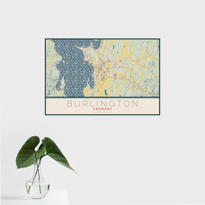 16x24 Burlington Vermont Map Print Landscape Orientation in Woodblock Style With Tropical Plant Leaves in Water