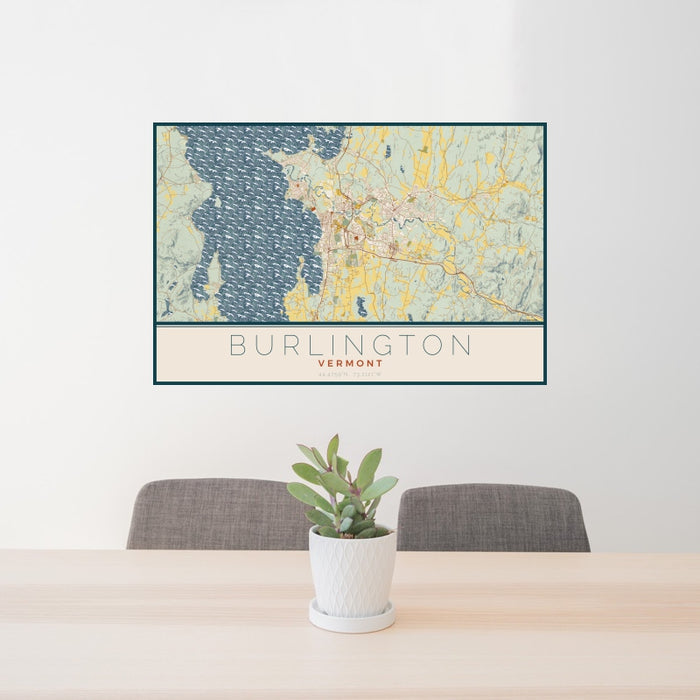 24x36 Burlington Vermont Map Print Landscape Orientation in Woodblock Style Behind 2 Chairs Table and Potted Plant