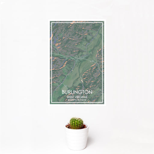 12x18 Burlington West Virginia Map Print Portrait Orientation in Afternoon Style With Small Cactus Plant in White Planter