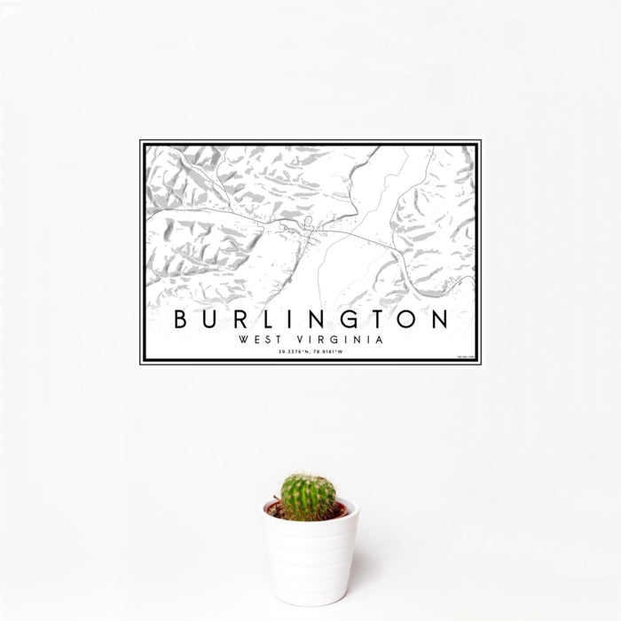 12x18 Burlington West Virginia Map Print Landscape Orientation in Classic Style With Small Cactus Plant in White Planter