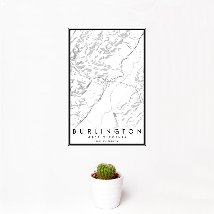 12x18 Burlington West Virginia Map Print Portrait Orientation in Classic Style With Small Cactus Plant in White Planter