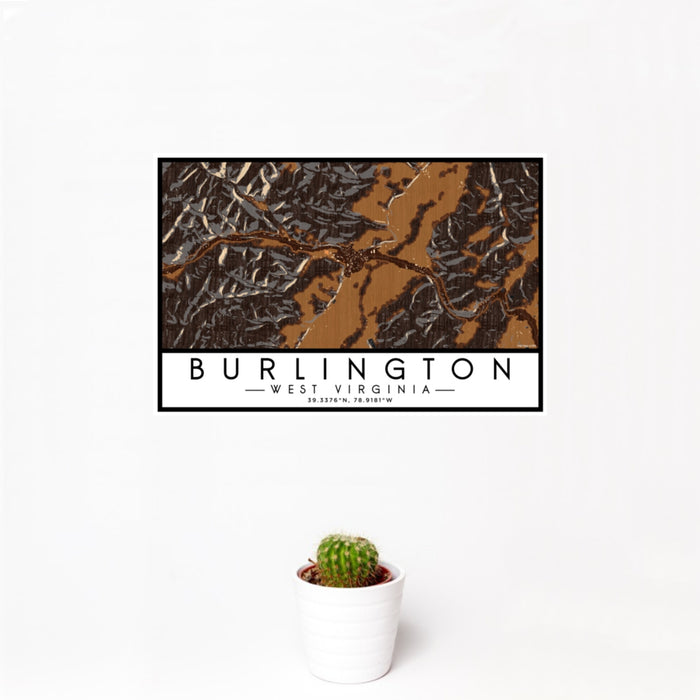 12x18 Burlington West Virginia Map Print Landscape Orientation in Ember Style With Small Cactus Plant in White Planter