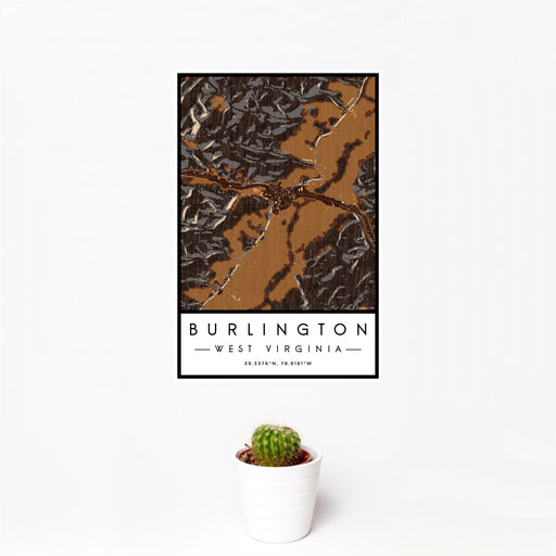 12x18 Burlington West Virginia Map Print Portrait Orientation in Ember Style With Small Cactus Plant in White Planter
