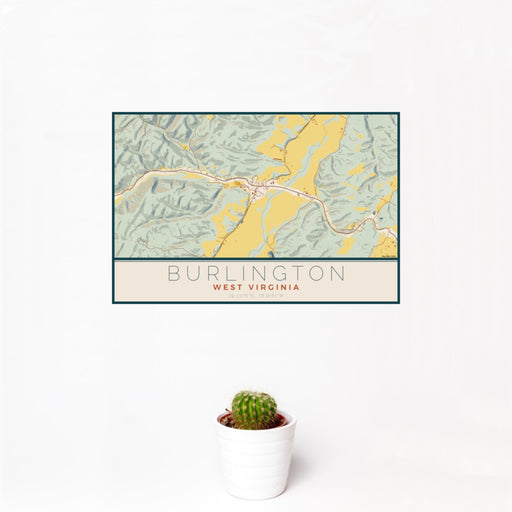 12x18 Burlington West Virginia Map Print Landscape Orientation in Woodblock Style With Small Cactus Plant in White Planter