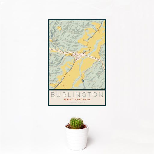 12x18 Burlington West Virginia Map Print Portrait Orientation in Woodblock Style With Small Cactus Plant in White Planter