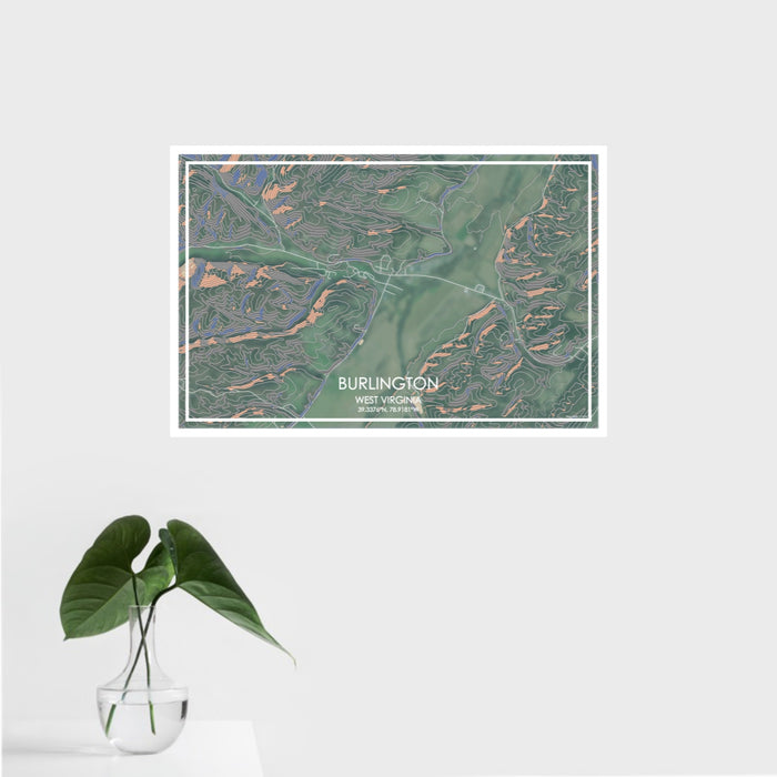 16x24 Burlington West Virginia Map Print Landscape Orientation in Afternoon Style With Tropical Plant Leaves in Water