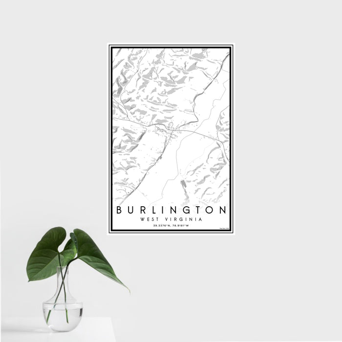 16x24 Burlington West Virginia Map Print Portrait Orientation in Classic Style With Tropical Plant Leaves in Water