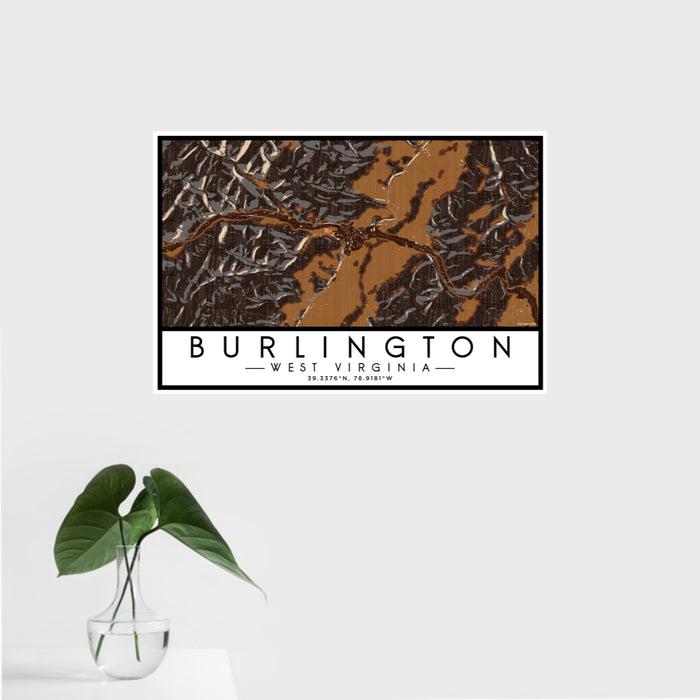 16x24 Burlington West Virginia Map Print Landscape Orientation in Ember Style With Tropical Plant Leaves in Water