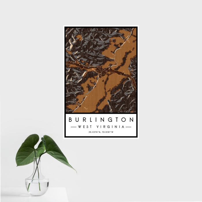 16x24 Burlington West Virginia Map Print Portrait Orientation in Ember Style With Tropical Plant Leaves in Water