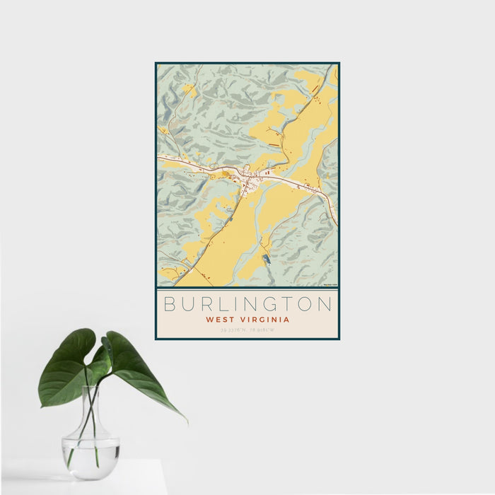 16x24 Burlington West Virginia Map Print Portrait Orientation in Woodblock Style With Tropical Plant Leaves in Water