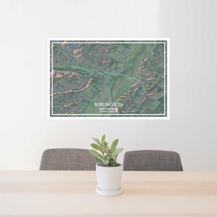 24x36 Burlington West Virginia Map Print Lanscape Orientation in Afternoon Style Behind 2 Chairs Table and Potted Plant