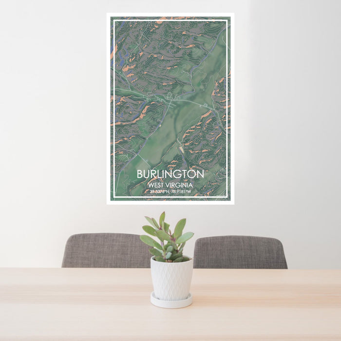 24x36 Burlington West Virginia Map Print Portrait Orientation in Afternoon Style Behind 2 Chairs Table and Potted Plant
