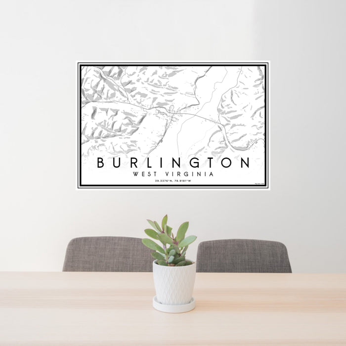 24x36 Burlington West Virginia Map Print Lanscape Orientation in Classic Style Behind 2 Chairs Table and Potted Plant