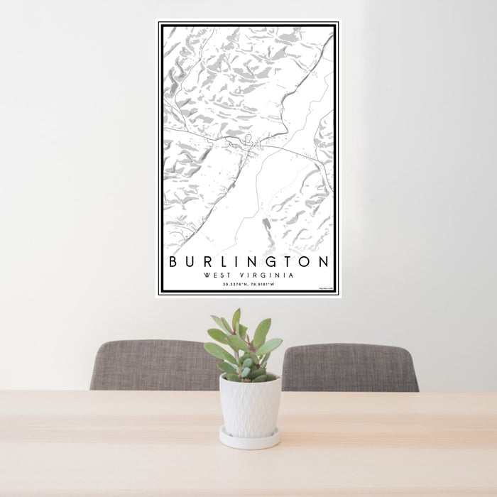 24x36 Burlington West Virginia Map Print Portrait Orientation in Classic Style Behind 2 Chairs Table and Potted Plant
