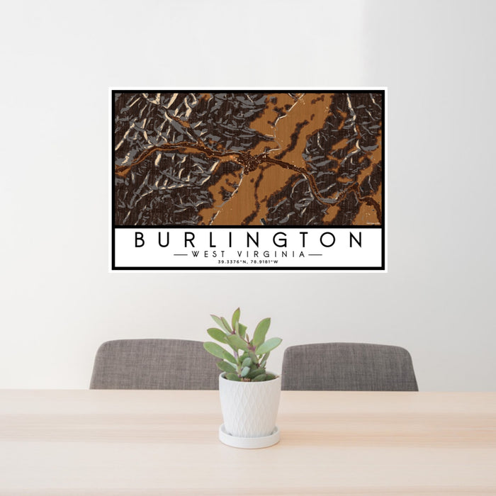 24x36 Burlington West Virginia Map Print Lanscape Orientation in Ember Style Behind 2 Chairs Table and Potted Plant