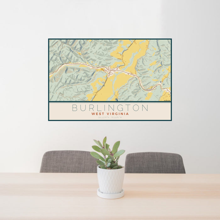 24x36 Burlington West Virginia Map Print Lanscape Orientation in Woodblock Style Behind 2 Chairs Table and Potted Plant