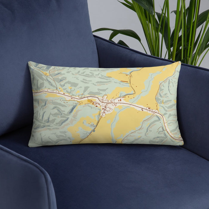 Custom Burlington West Virginia Map Throw Pillow in Woodblock on Blue Colored Chair