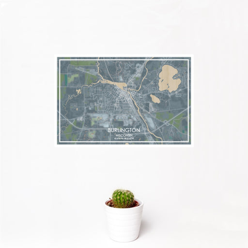 12x18 Burlington Wisconsin Map Print Landscape Orientation in Afternoon Style With Small Cactus Plant in White Planter