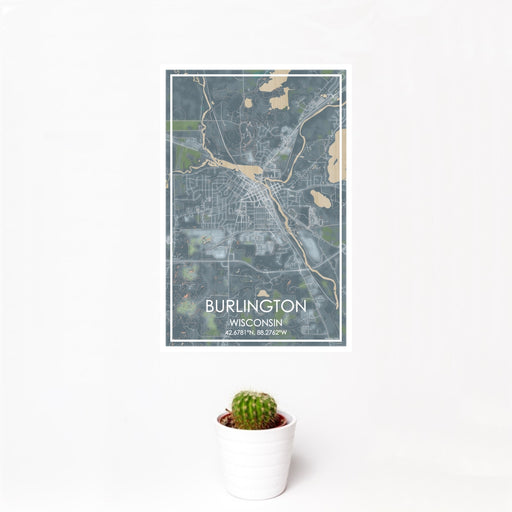 12x18 Burlington Wisconsin Map Print Portrait Orientation in Afternoon Style With Small Cactus Plant in White Planter