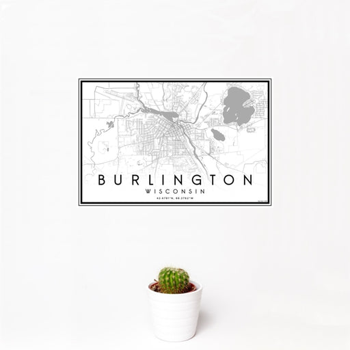 12x18 Burlington Wisconsin Map Print Landscape Orientation in Classic Style With Small Cactus Plant in White Planter