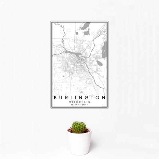 12x18 Burlington Wisconsin Map Print Portrait Orientation in Classic Style With Small Cactus Plant in White Planter