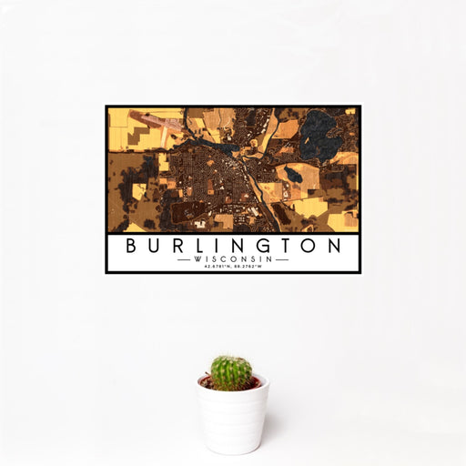 12x18 Burlington Wisconsin Map Print Landscape Orientation in Ember Style With Small Cactus Plant in White Planter