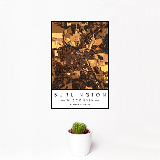 12x18 Burlington Wisconsin Map Print Portrait Orientation in Ember Style With Small Cactus Plant in White Planter