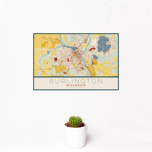 12x18 Burlington Wisconsin Map Print Landscape Orientation in Woodblock Style With Small Cactus Plant in White Planter