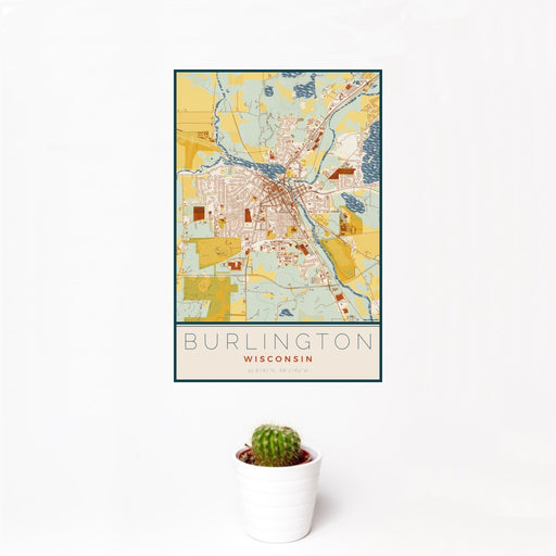 12x18 Burlington Wisconsin Map Print Portrait Orientation in Woodblock Style With Small Cactus Plant in White Planter