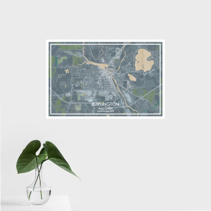 16x24 Burlington Wisconsin Map Print Landscape Orientation in Afternoon Style With Tropical Plant Leaves in Water