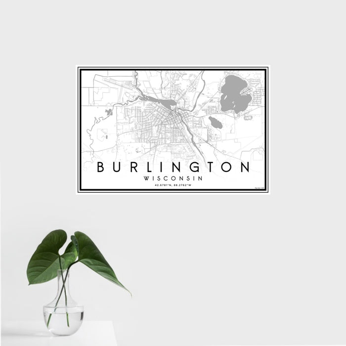 16x24 Burlington Wisconsin Map Print Landscape Orientation in Classic Style With Tropical Plant Leaves in Water