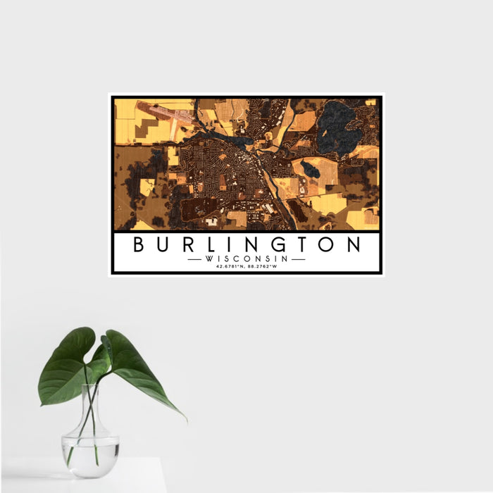 16x24 Burlington Wisconsin Map Print Landscape Orientation in Ember Style With Tropical Plant Leaves in Water