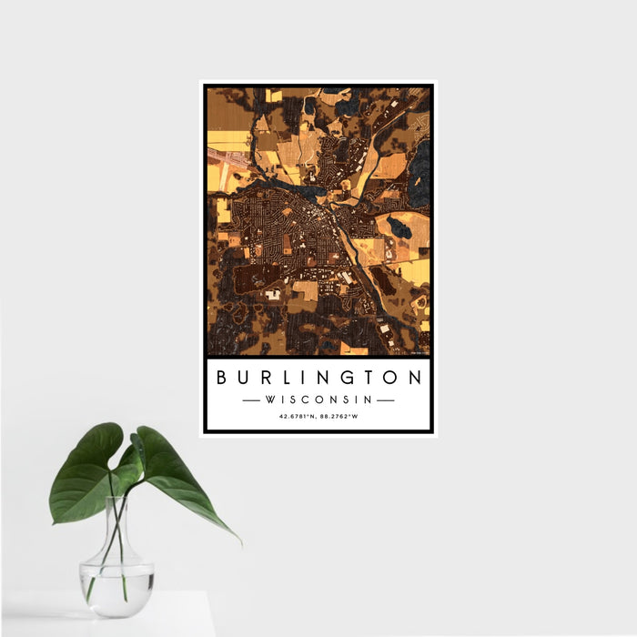 16x24 Burlington Wisconsin Map Print Portrait Orientation in Ember Style With Tropical Plant Leaves in Water
