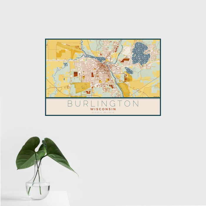 16x24 Burlington Wisconsin Map Print Landscape Orientation in Woodblock Style With Tropical Plant Leaves in Water