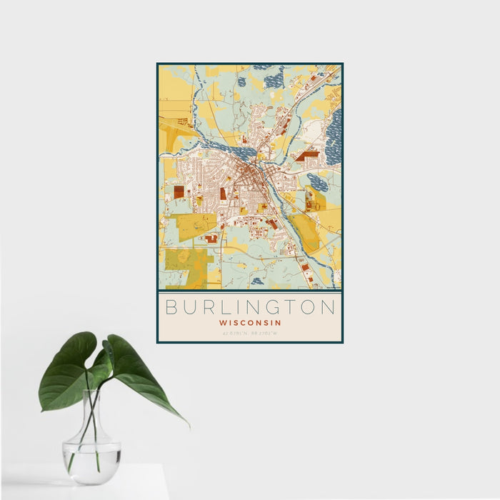 16x24 Burlington Wisconsin Map Print Portrait Orientation in Woodblock Style With Tropical Plant Leaves in Water