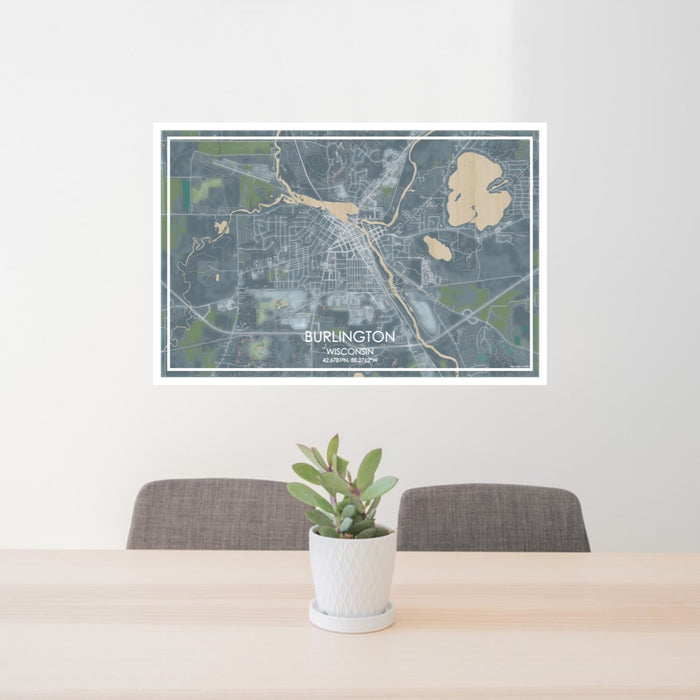 24x36 Burlington Wisconsin Map Print Lanscape Orientation in Afternoon Style Behind 2 Chairs Table and Potted Plant